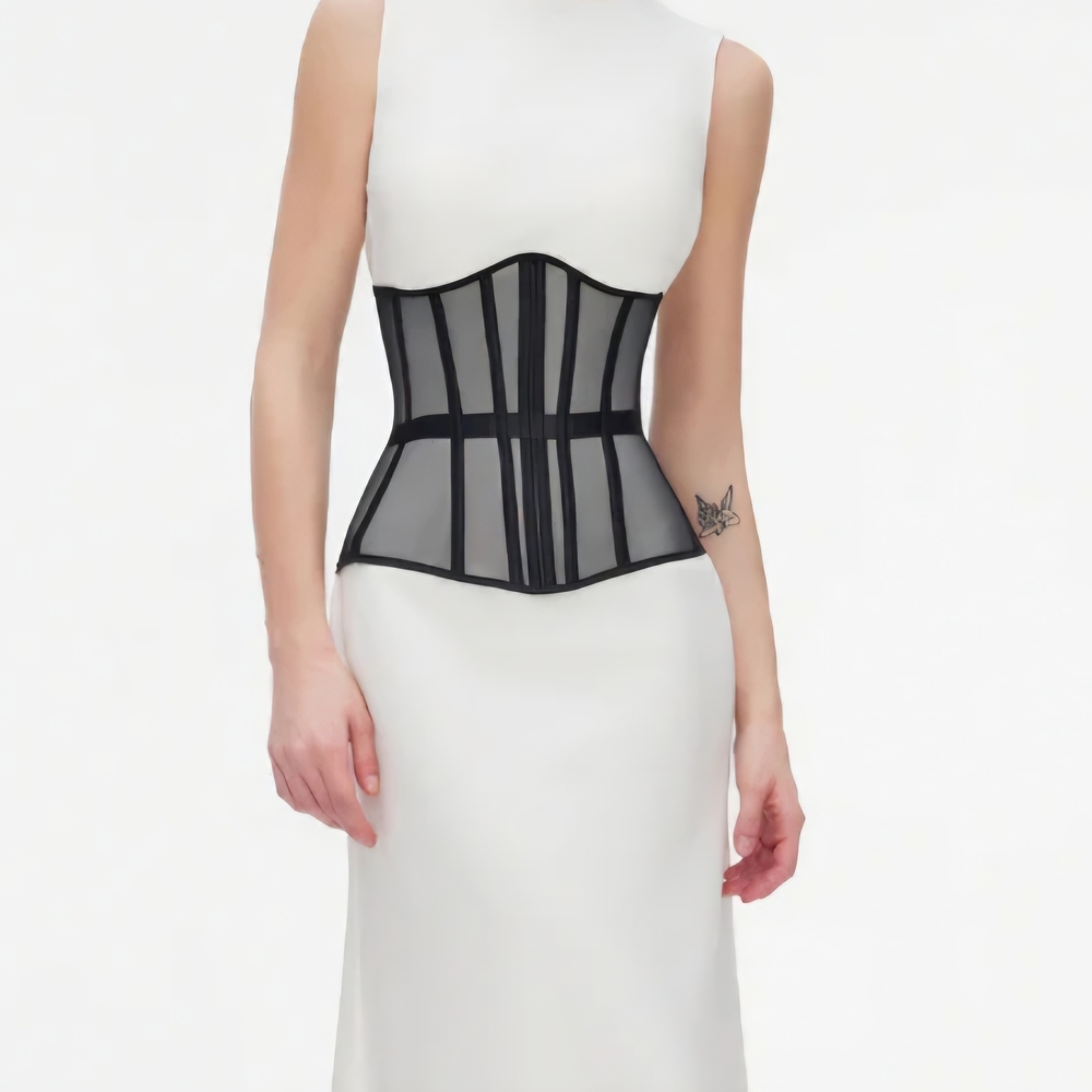 Sheer Black Mesh Waist Cincher Corset - Structured Shaping